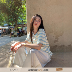 你好卡农 撞色条纹短袖t恤女春夏2025新款宽松显瘦小个子圆领上衣