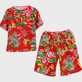 中国风东北大花夏季t恤套装运动服童装2件套儿童街头服饰
