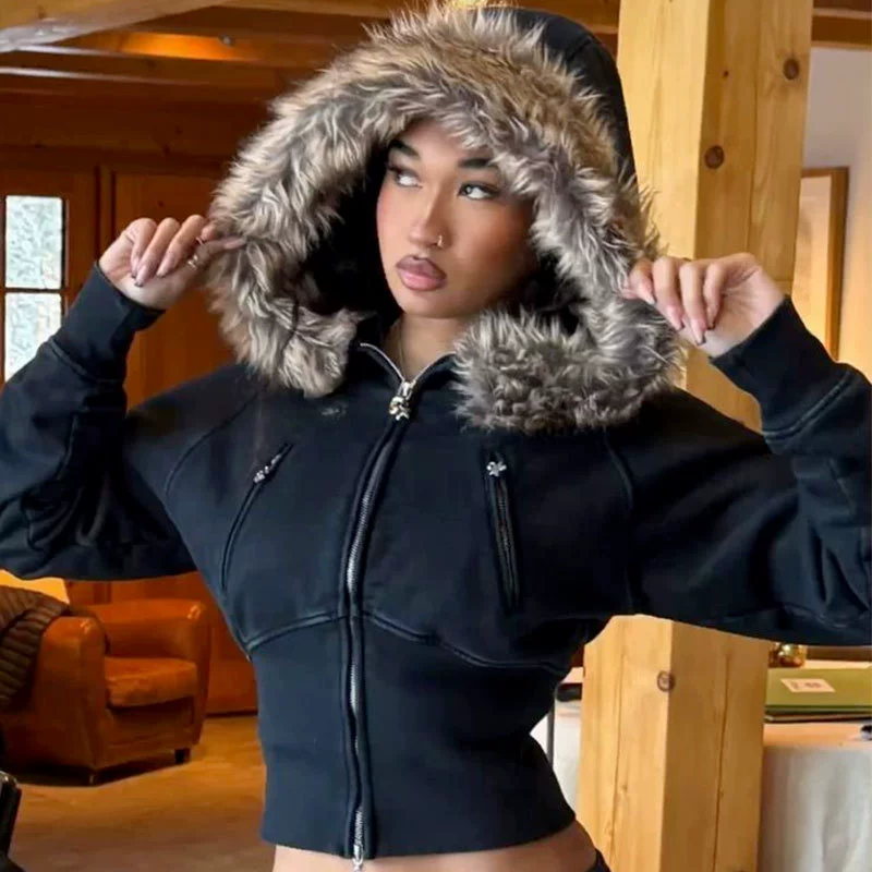 2025 Новый плюшевый толстовка с капюшоном в европейском и американском стиле ретро куртка на молнии индивидуальность стройная талия женская толстовка