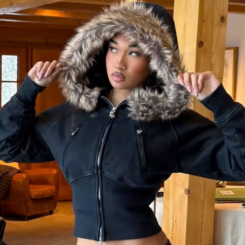 2025 Winter New Plush Hoodie European and American Style Vintage Zipper Jacket Distinctive Slim-fit Tight Waist Women's Sweater 2025 Winter New Plush Hoodie European and American Style Vintage Zipper Jacket Distinctive Slim-fit Tight Waist Women's Sweater