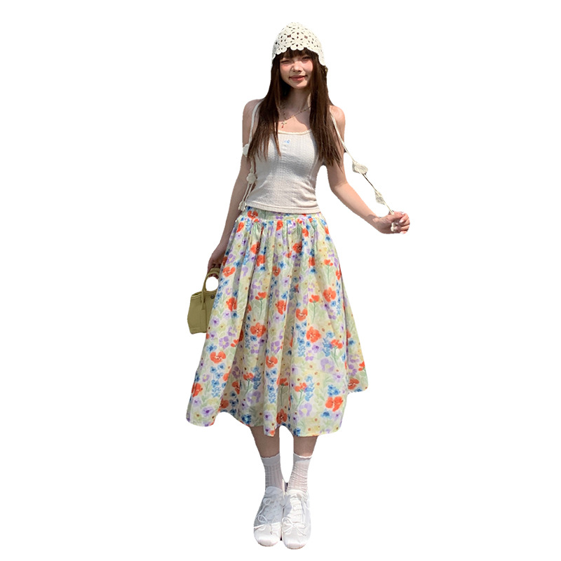 Childish Orange # Summer New High-Waisted Floral Skirt for Women to Cover the Flesh and Look Slim, Casual and Versatile A-Line Pleated Mid-Length Skirt