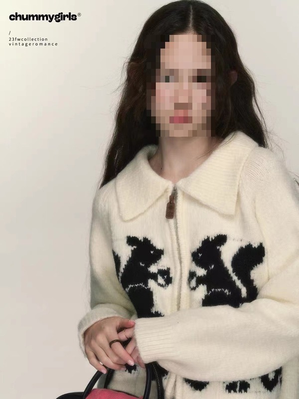 日系松鼠印花软糯拉链翻领针织开衫女秋冬季宽松外穿气质毛衣外套|undefined