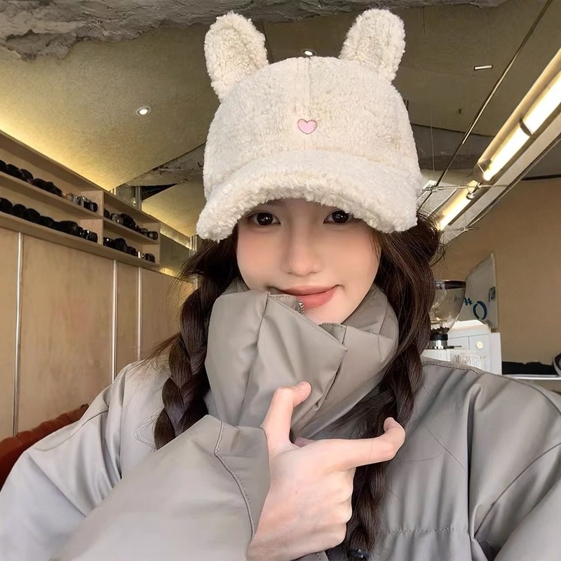 甜美可爱兔耳朵棒球帽子女秋冬羊羔毛绒加厚保暖百搭显脸小鸭舌帽|undefined