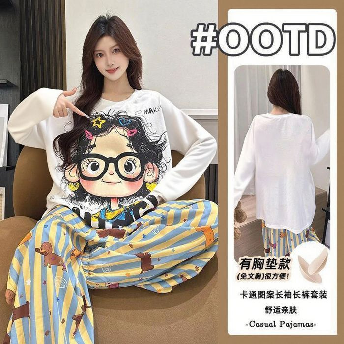 源头工厂带胸垫长袖睡衣女春秋云朵棉宽松卡通女士韩版家居服套装|undefined