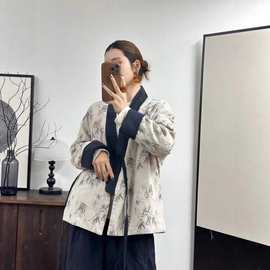 新中式竹叶印花棉服女冬季复古宽松亚麻加棉外套文艺禅意短款上衣