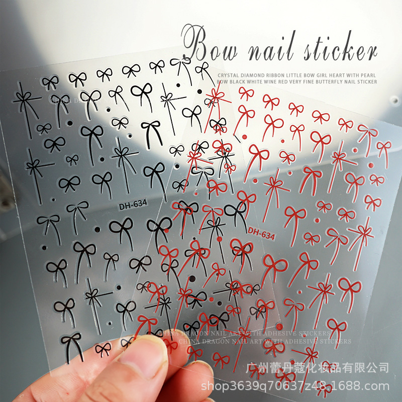 New sweet bow nail sticker line minimalist advanced Chanel style black red nail decals decoration
