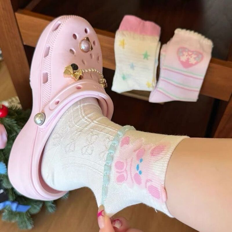 春夏薄いウサギ通気性吸汗性レースソックス女性のミッドカーフソックスピンク漫画インかわいいガーリースタイル|undefined