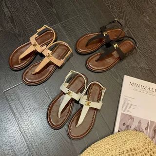 复古T字带夏季新款度假风百搭金属扣夹脚人字凉拖鞋女凉鞋