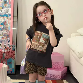 女童夏装KT猫短袖T恤套装女宝宝夏季上衣豹纹骑行裤两件套儿童装t