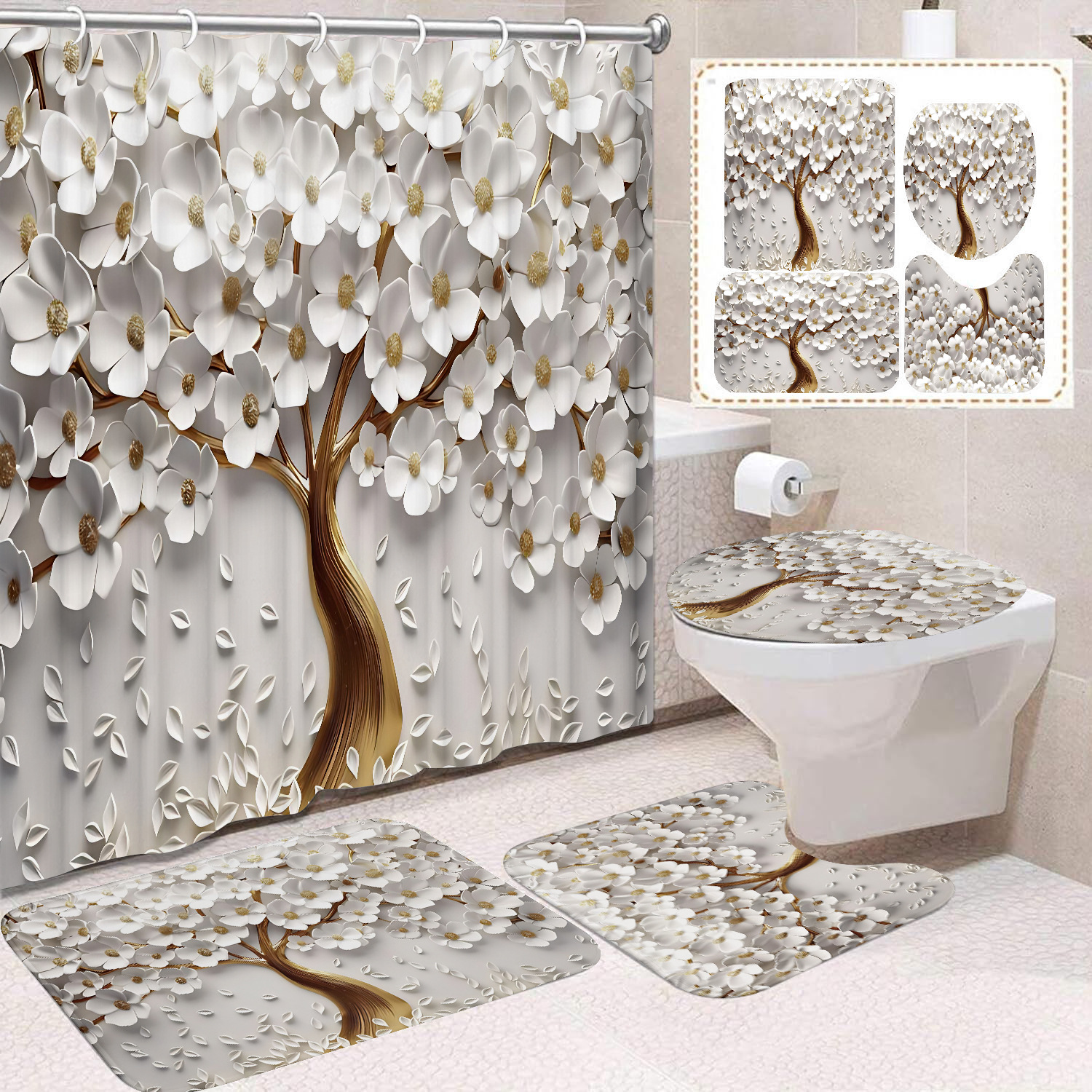 Flor blanca cortina de baño inodoro cortina de partición impermeable de baño cortina de lavado separación seca y húmeda cortina de puerta colgante sin agujeros