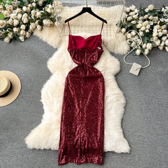 Light Luxury Socialite Style Dress Usually Wearing Elegant Square Collar Pleated Slim-Fit Long Over-knee Split Sequin dress