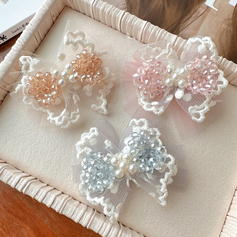 Korean Children's Hair Accessories Lace Crystal Beaded Hairpin Small Fresh Mesh Bow Girl Hairpin Baby Headdress