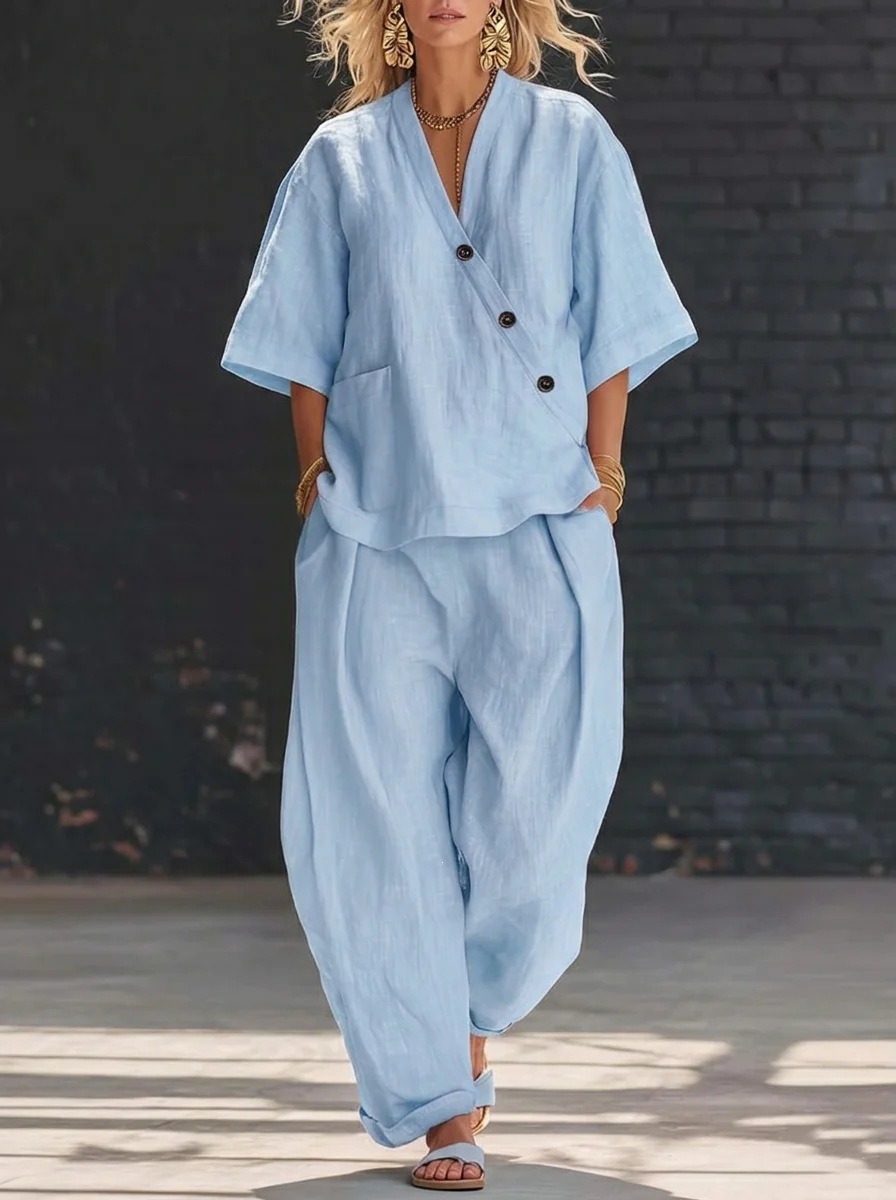 Women's Clothing Women's Solid Color Summer Set V Neck Short Sleeve Top And High Waisted Trousers Two Piece Style Clothing_ecoleips.com