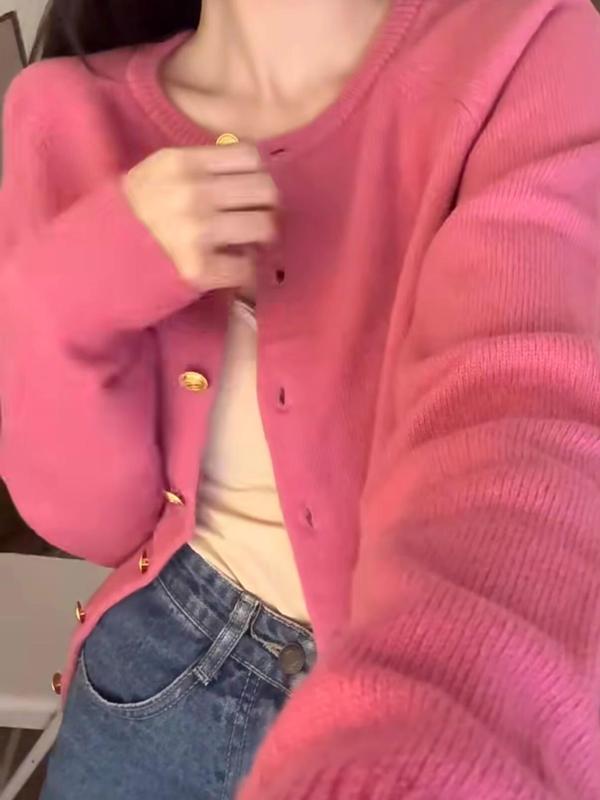 小众慵懒风玫红色针织开衫女秋冬温柔氛围感软糯毛衣外套漂亮上衣|undefined