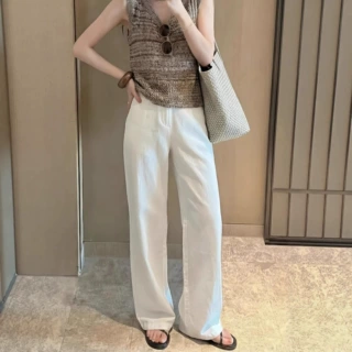 白色老钱风棉麻窄版阔腿裤女2026夏季小个子高腰显瘦百搭休闲长裤