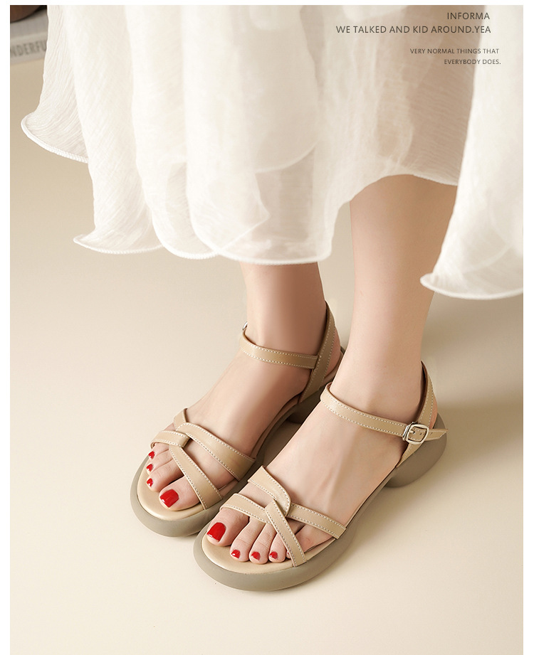 Sandal nữ đế bằng da thật quai chữ V mùa hè chống trượt — Màu đen chi tiết 12