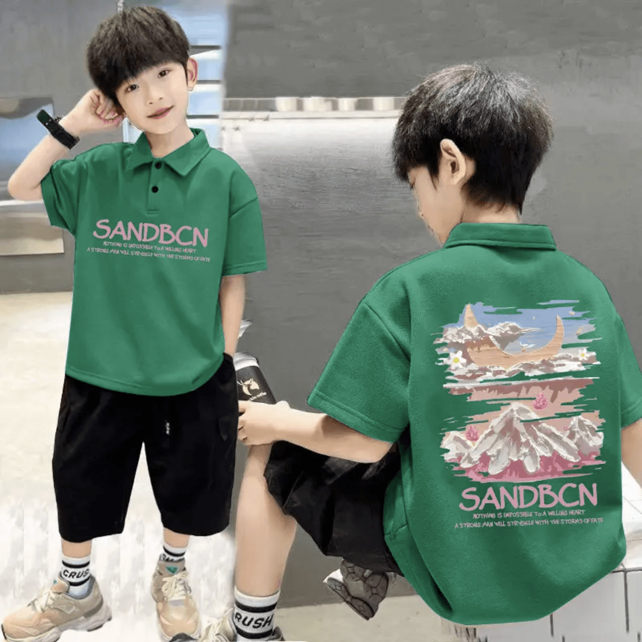 Boys casual short-sleeved Polo head national trend printed pure cotton children's short-sleeved summer fashionable Korean version mid-to-big children's trend
