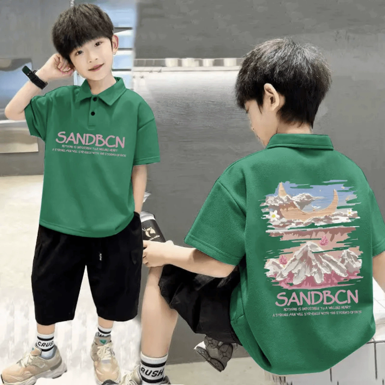 Boys casual short-sleeved Polo head national trend printed pure cotton children's short-sleeved summer fashionable Korean version mid-to-big children's trend
