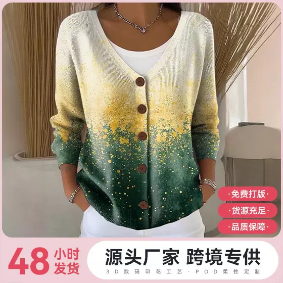 2025新款跨境亚马逊独立站秋冬欧码3D数码印花女士落肩开衫毛衣