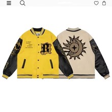 春秋季美式复古火焰元素字母黄色棒球服男女国潮街头情侣夹克外套