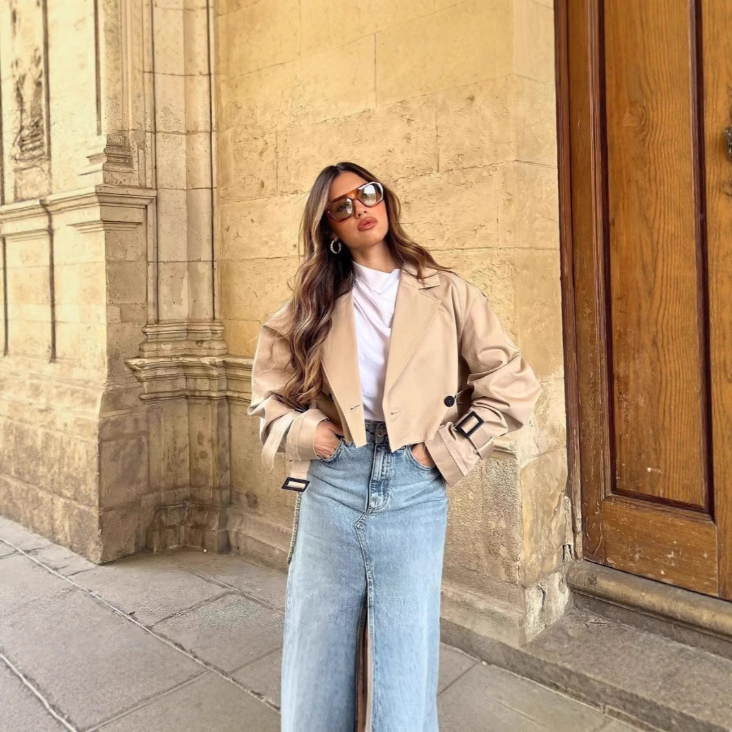 女装批发2025跨境春秋女外套欧美风配腰带长袖短款休闲风衣外套女