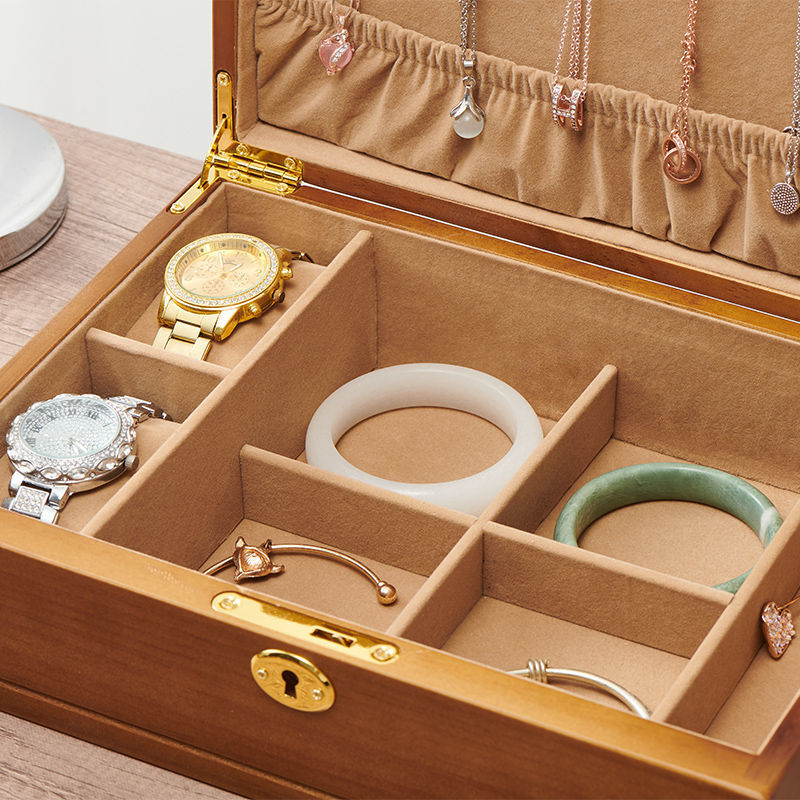 Double-Layer Solid Wood Jewelry Box with Lock, High-End Hand Jewelry, Earrings, Necklaces, Watches, Storage Box, Retro Accessible Luxury Wedding Gift