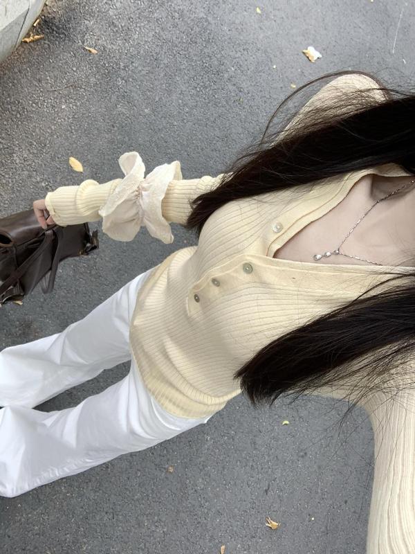 韩系早秋季黄色v领针织衫上衣女装2025新款修身显瘦收腰套头毛衣|undefined