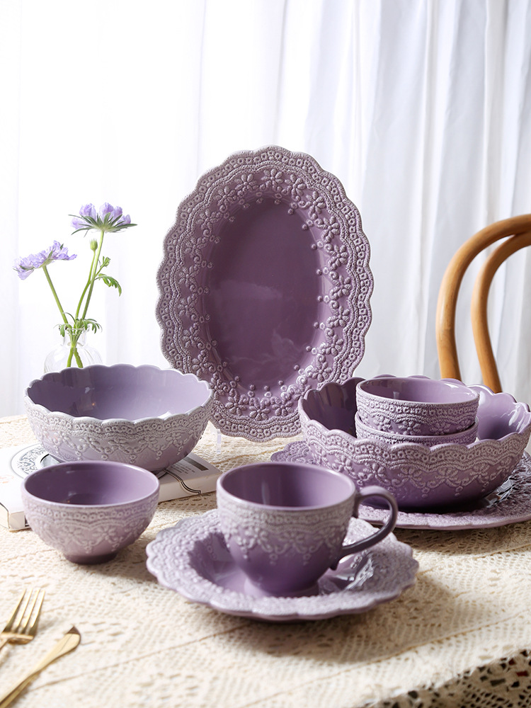 K532批发欧式陶瓷餐具紫色浮雕碗盘杯好看优雅少女心花边汤碗饭碗