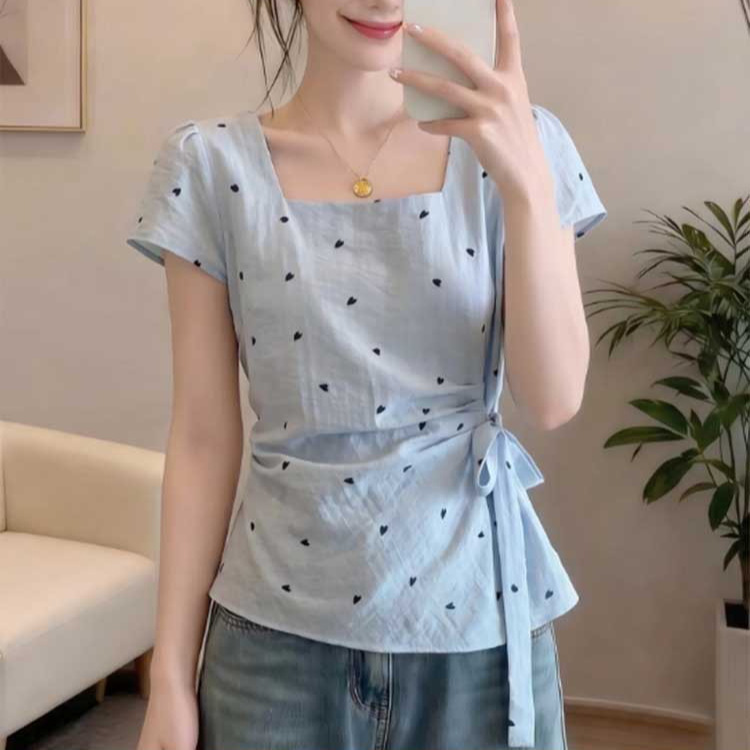 Light Blue Square-Neck Short-Sleeve Shirt for Women, 2026 Summer New Style, Plus-Size Youthful Blouse with Tie Waist