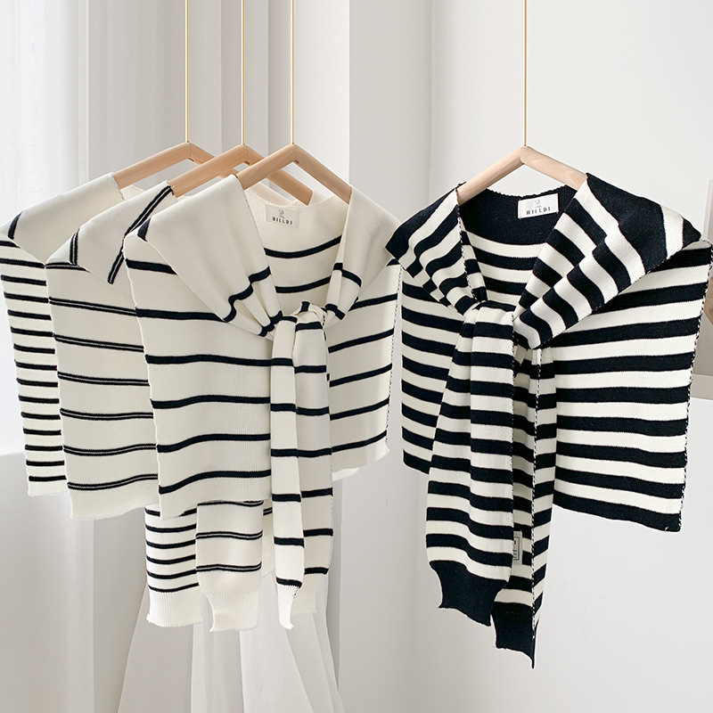 South Korea Dongdaemun Black and White Striped Knitted Shawl Exterior Decorative Ware All-Match Neck Protection Collocation Shirt and Skirt Trendy South Korea Dongdaemun Black and White Striped Knitted Shawl Exterior Decorative Ware All-Match Neck Protection Collocation Shirt and Skirt Trendy