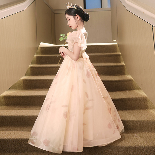 Bubble sleeve girl child dress princess skirt flower child wedding host sweet catwalk fluffy fabric children's performance dress