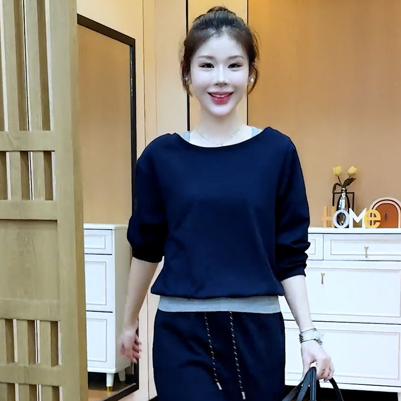 时尚套装裙女2025秋季新款洋气显瘦假两件拼接卫衣半身裙两件套潮|undefined