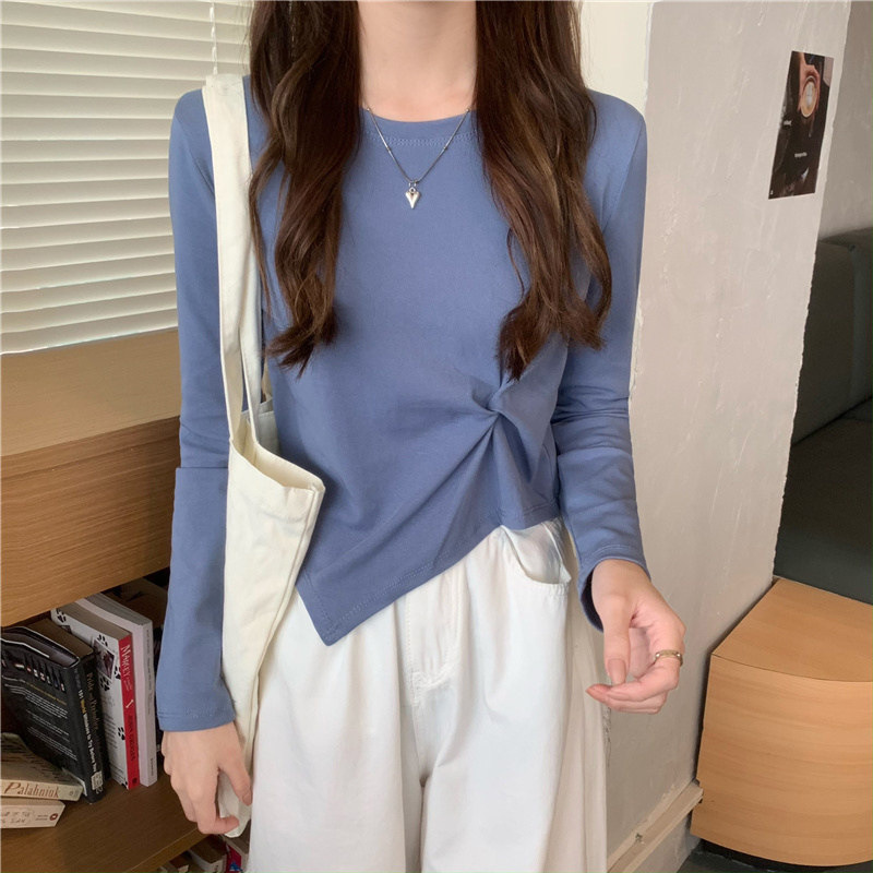 小众设计感不规则长袖T恤女装早秋季白色体恤短款独特别致小上衣|undefined