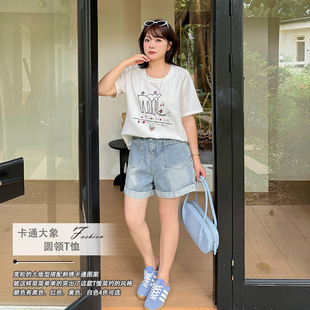 Aiyuan 2025 New Plus Size Women's Clothing Fat mm Summer Elegant Fashion Cartoon Elephant Round Neck T-Shirt 9009