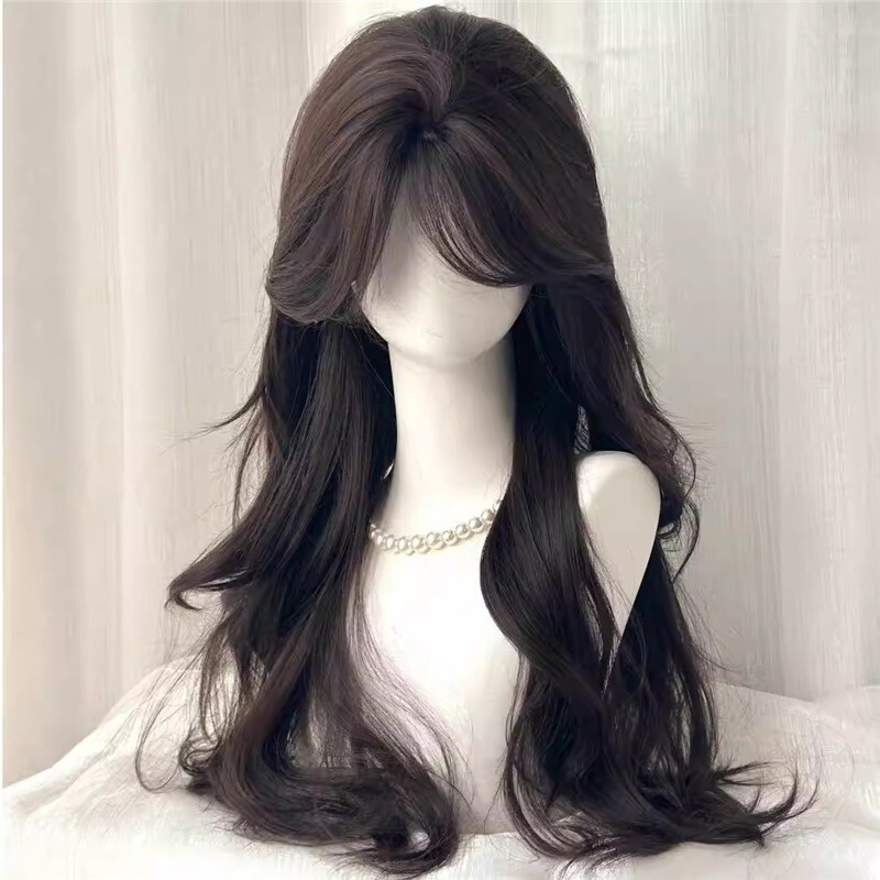 No Need to Wear a Hairnet, Middle-Parted Long Curly Hair with a Figure-Eight Bangs, Vintage Dark Tea Color, Lightweight Daily Hairpiece for Top of Head, Hair Enhancement Wig