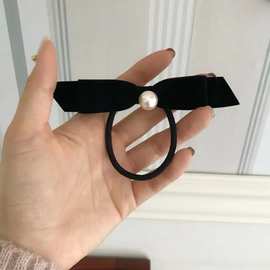 法式复古珍珠植绒蝴蝶结发圈2023新款扎马尾丸子头黑色头饰发绳女