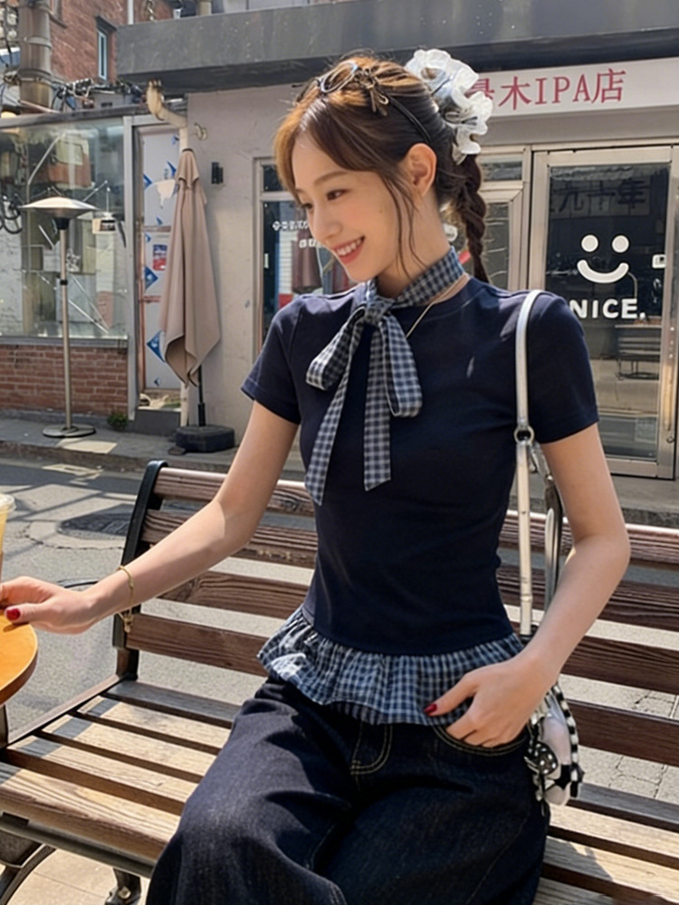 Women's Vintage Plaid Patchwork False Two-Piece Short Sleeve Tee - Slim Fit Retro Style Summer Top_ecoleips.com