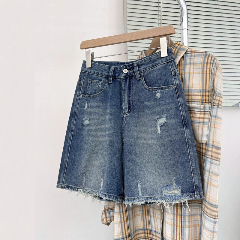 Plus-Size Ripped Straight-Leg Denim Shorts for Women, New Summer Style, High-Waisted, Slimming A-Line Wide-Leg Five-Point Pants for Pear-Shaped Figures