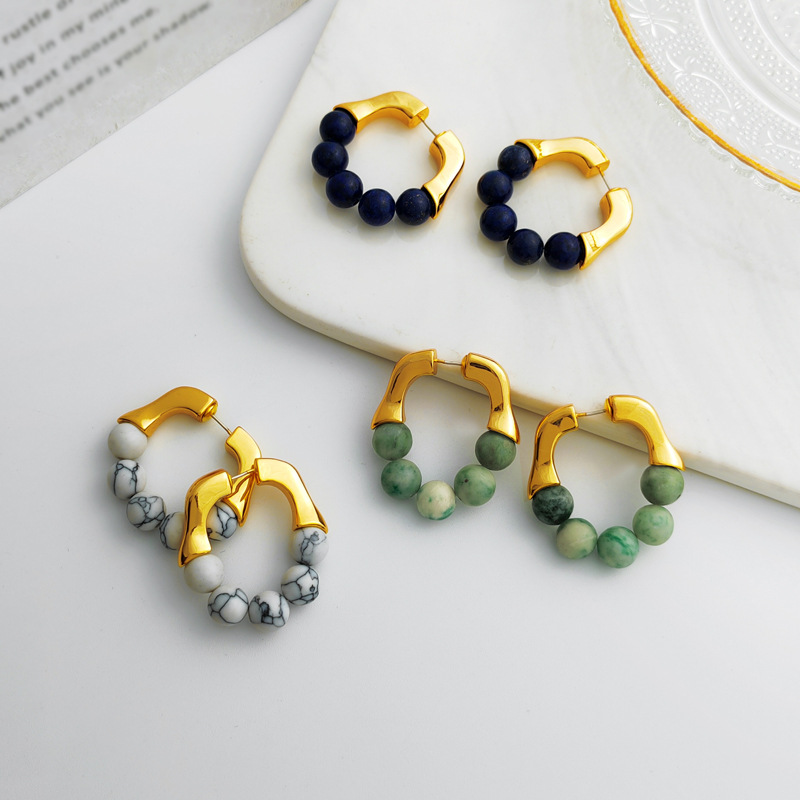 Retro Ball Copper Inlay Natural Stone Earrings 1 Pair