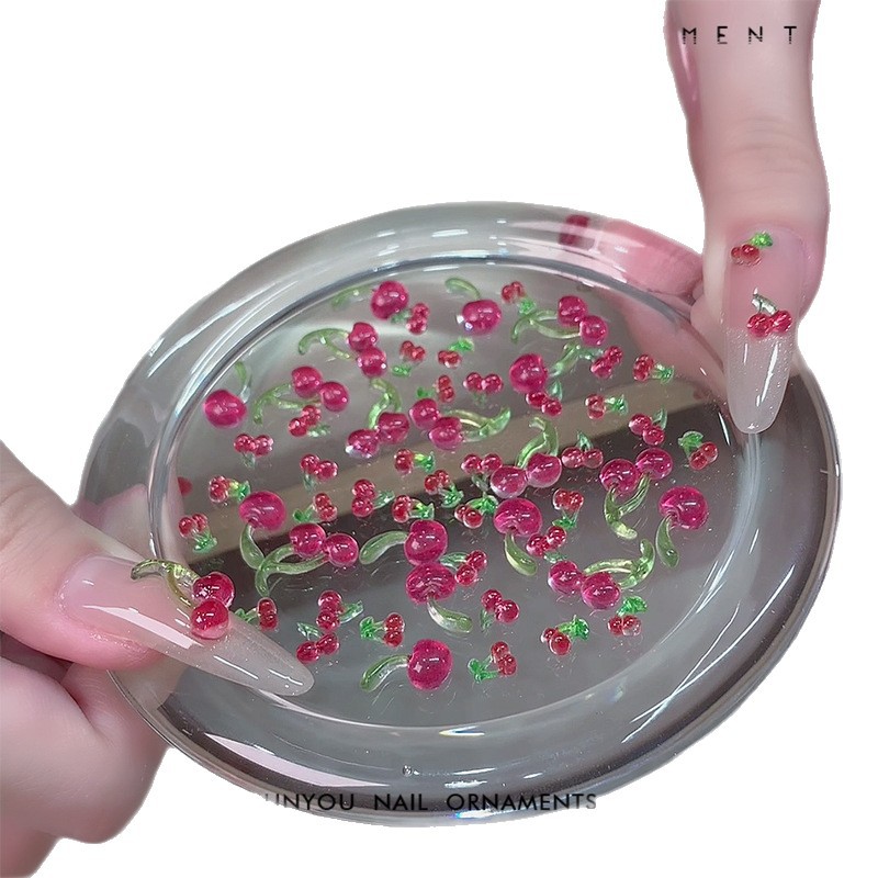 Nuevo estilo pequeño cereza manicura diamante verano hielo rojo cereza tridimensional dibujos animados lindo estilo niña decoración de uñas