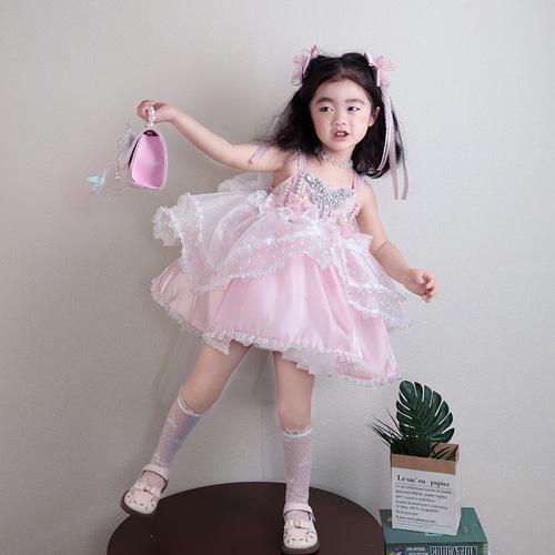 Lolita Princess Dress for Girls 2025 Children's Summer Trendy Pearl Straps Dress Birthday Formal Dress