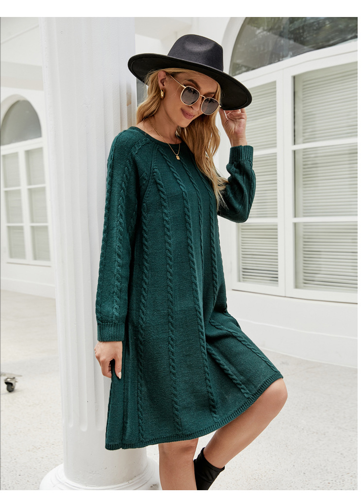 Fall Winter Solid Color Long Sweater Dress round Neck Twisted Loose A line Knitted Dress