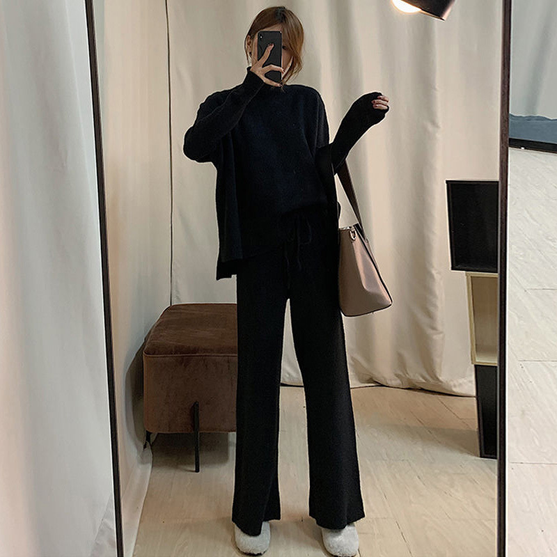 Spring New Lazy Style Casual Loose Waist High Collar Sweater Wide Leg Pants Knitted Women s Piece Set_voghion.com