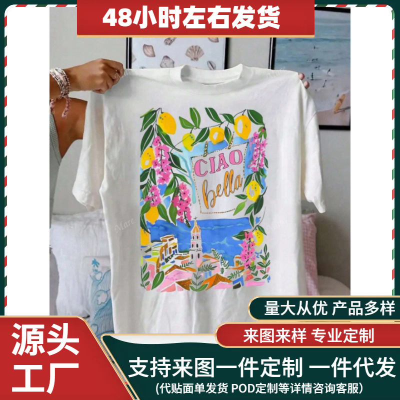 Cross-Border European Size Cotton T-Shirt Aliexpress Shein Summer New Arrivals Women's Casual Round Neck Short-Sleeve T-Shirt Lemon Town