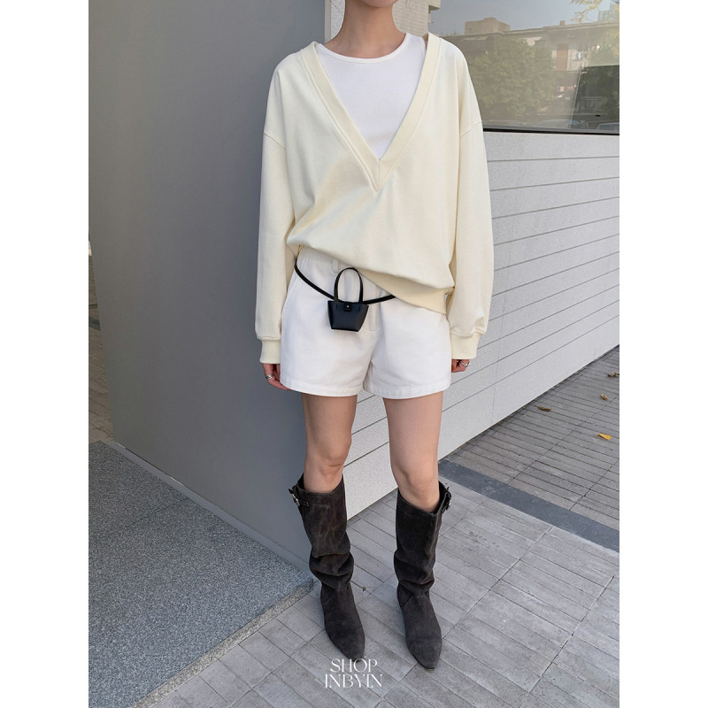 [No Returns or Exchanges] Deep V-Neck Layered Pullover Sweatshirt for Women, Petite Size, Spring Lazy Style, Loose Long-Sleeve Top