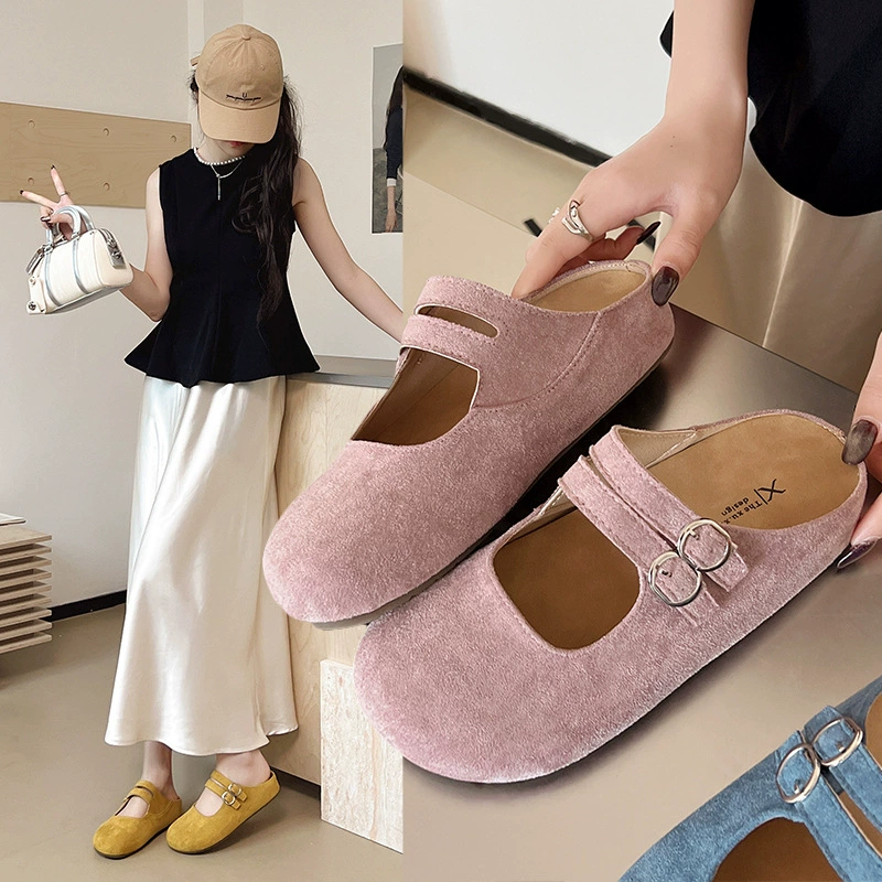 Женские полусабо Баотоу, весна-лето 2025, новая модель, неглубокий вырез, мягкая кожа, пряжка, плоская подошва, ленивые тапочки, оптом