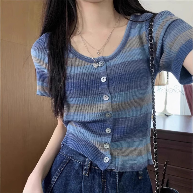 Colorful Stripesd Short-Sleeved Knitwear Women's T-Shirt Summer New Sweet Hottie Short Cardigan Single-Breasted Age-Reducing Top