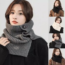 韩版复古保暖针织毛线纽扣围脖女时尚百搭开叉脖套防寒护颈披肩