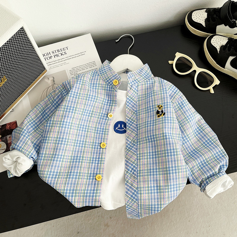 2025 nueva camisa de moda de verano para niños, camisa de dibujos animados a cuadros, ropa infantil de manga larga, nueva moda para niños