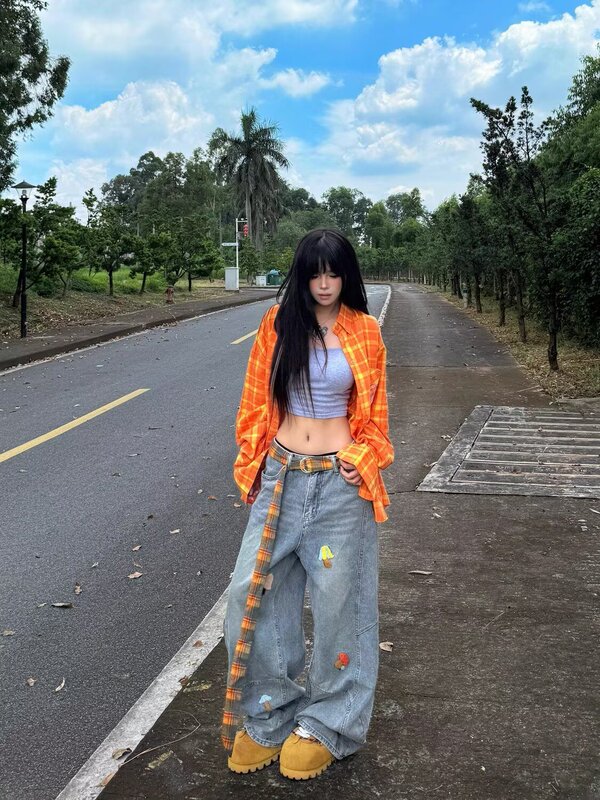 美式复古做旧牛仔裤女百搭宽松阔腿长裤2025新款秋季直筒牛仔裤女|undefined